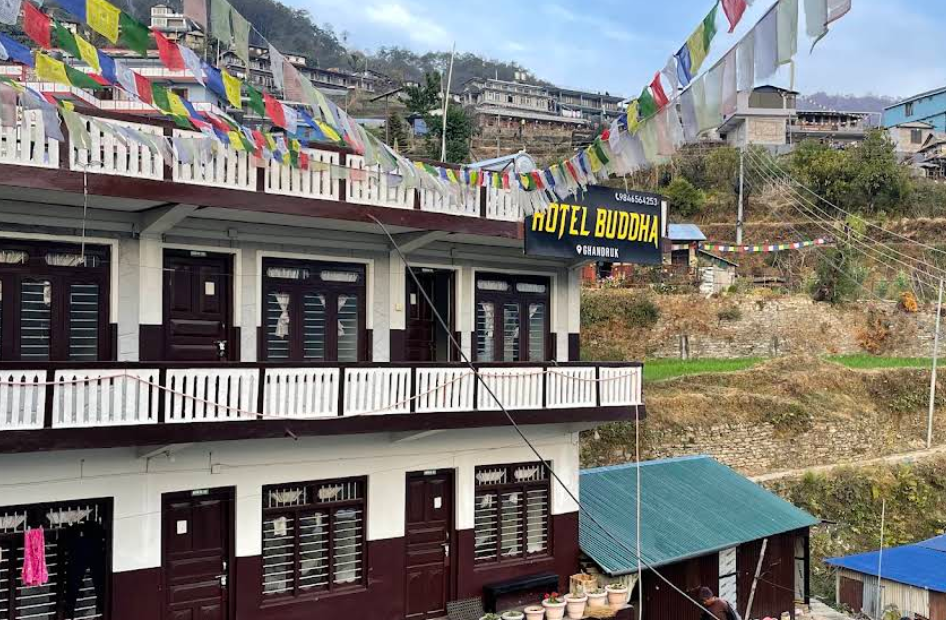 Hotel Buddha lodge, decorated with lines of prayer flags
